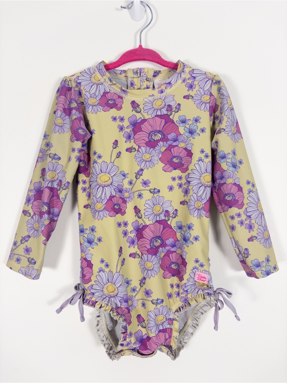 Ruffle Butt Green and Purple Floral One Piece Long Sleeve Rash Guard Swimsuit
